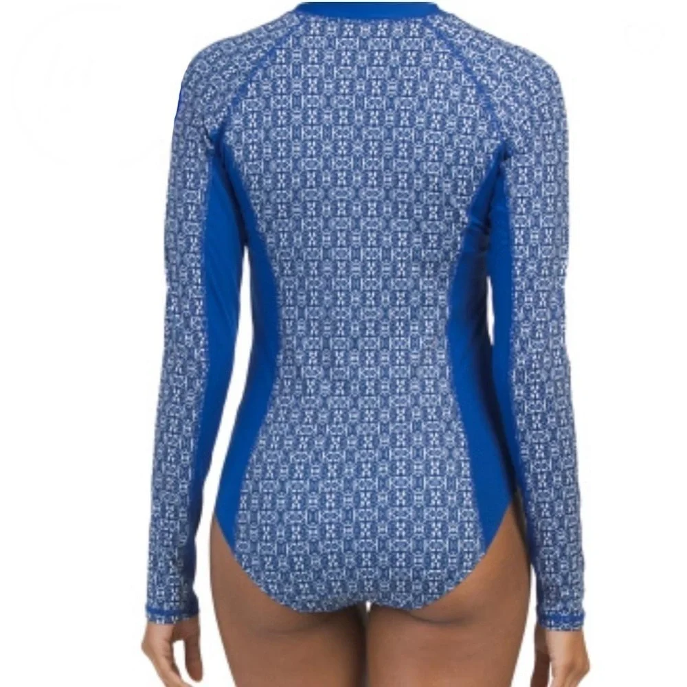 CABANA LIFE Women’s Upf50 Palms Long Sleeve One-Piece Swimsuit Blue White Size L - Picture 2 of 7